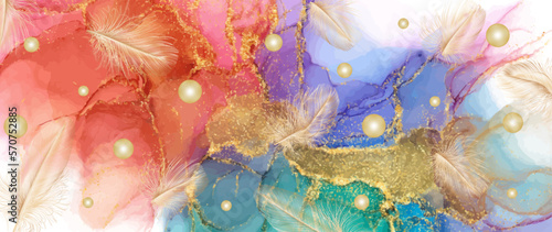 Art wallpaper with golden feathers. Modern creative design alcohol ink texture for home decor, banners, and prints. Vector illustration.