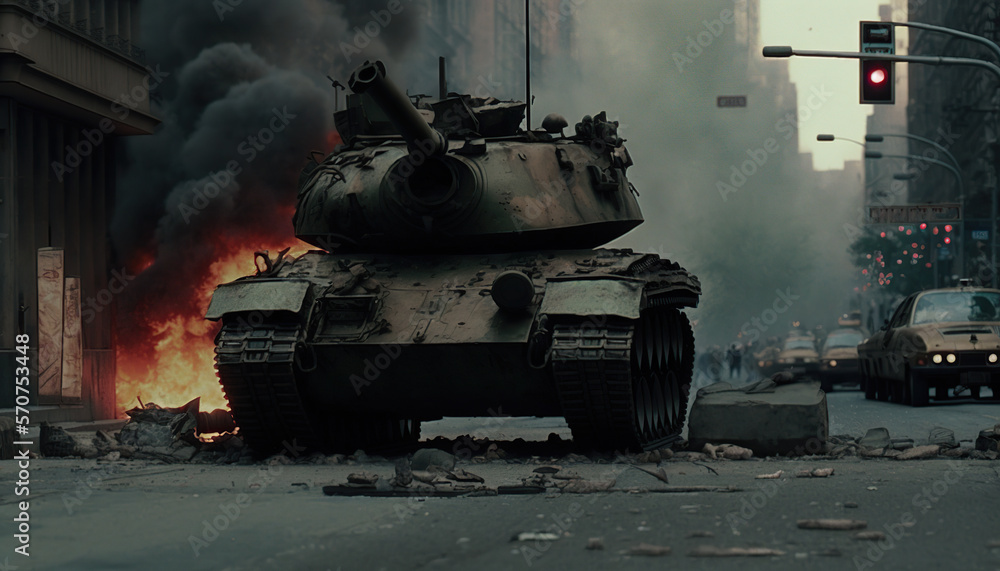 Military Tank shot down during enemy attack in New York City. Soldiers armed with rifles, and wearing gas helmets, they navigate debris-filled streets while under attack. Military Tank shot down during enemy attack in New York City. Soldiers armed with rifles, and wearing gas helmets, they navigate debris-filled streets while under attack.