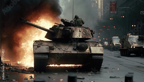 Military Tank shot down during enemy attack in New York City. Soldiers armed with rifles, and wearing gas helmets, they navigate debris-filled streets while under attack. © AlexRillos