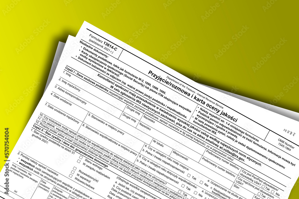 Fototapeta premium Form 13614-C (pl) documentation published IRS USA 44327. American tax document on colored