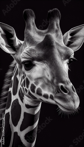 Schwarz wei   Portrait von einer Giraffe. Perfektes afrikanisches Wandbild - Generative Ai