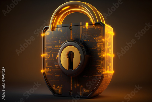 AI, virtual cybersecurity protection lock with information, protection, network service for a business, digital password lock, Yellow background, cyber, futuristic
