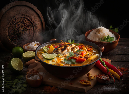 Bahian fish moqueca with palm oil, intense and striking flavor. Moqueca served with rice, chili, and lemon. Typical cuisine from the northeast region of Brazil. Generative AI photo