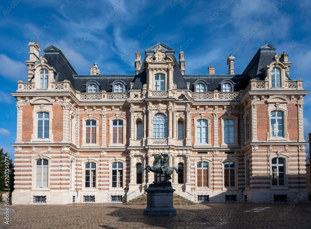 Beautiful French architecture elements and houses in Champagne sparkling wine making town Epernay, Avenue of Champagne tourists street, France