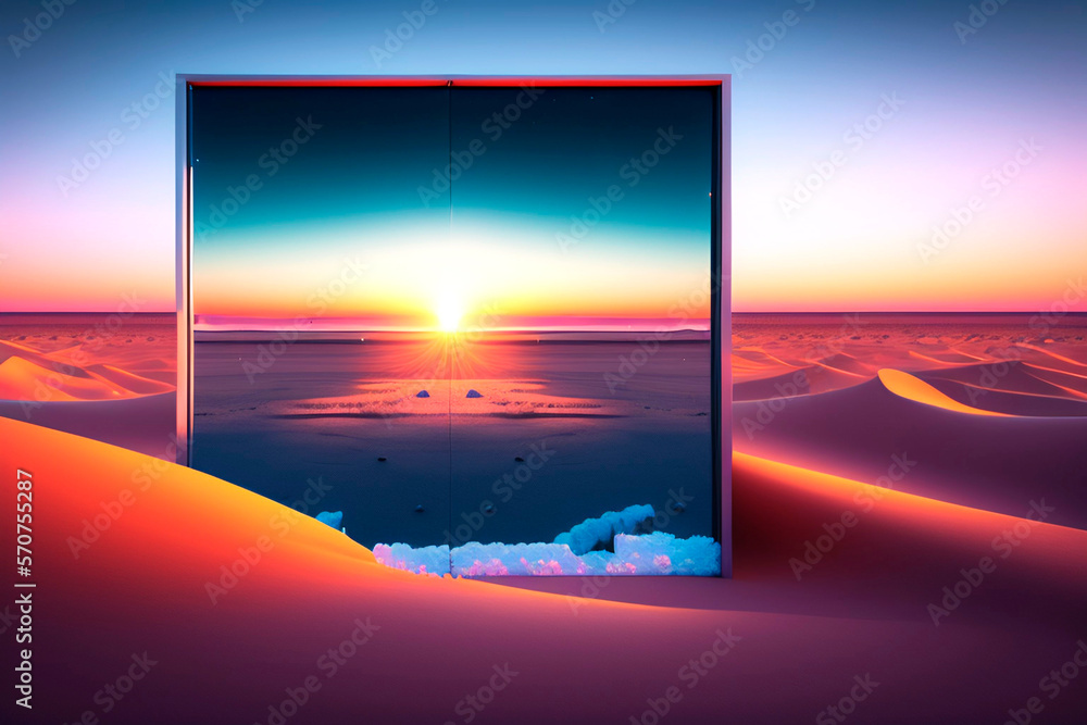 custom made wallpaper toronto digitalabstract screen with a winter landscape placed in the middle of the desert, sunsets , AI generated illustration