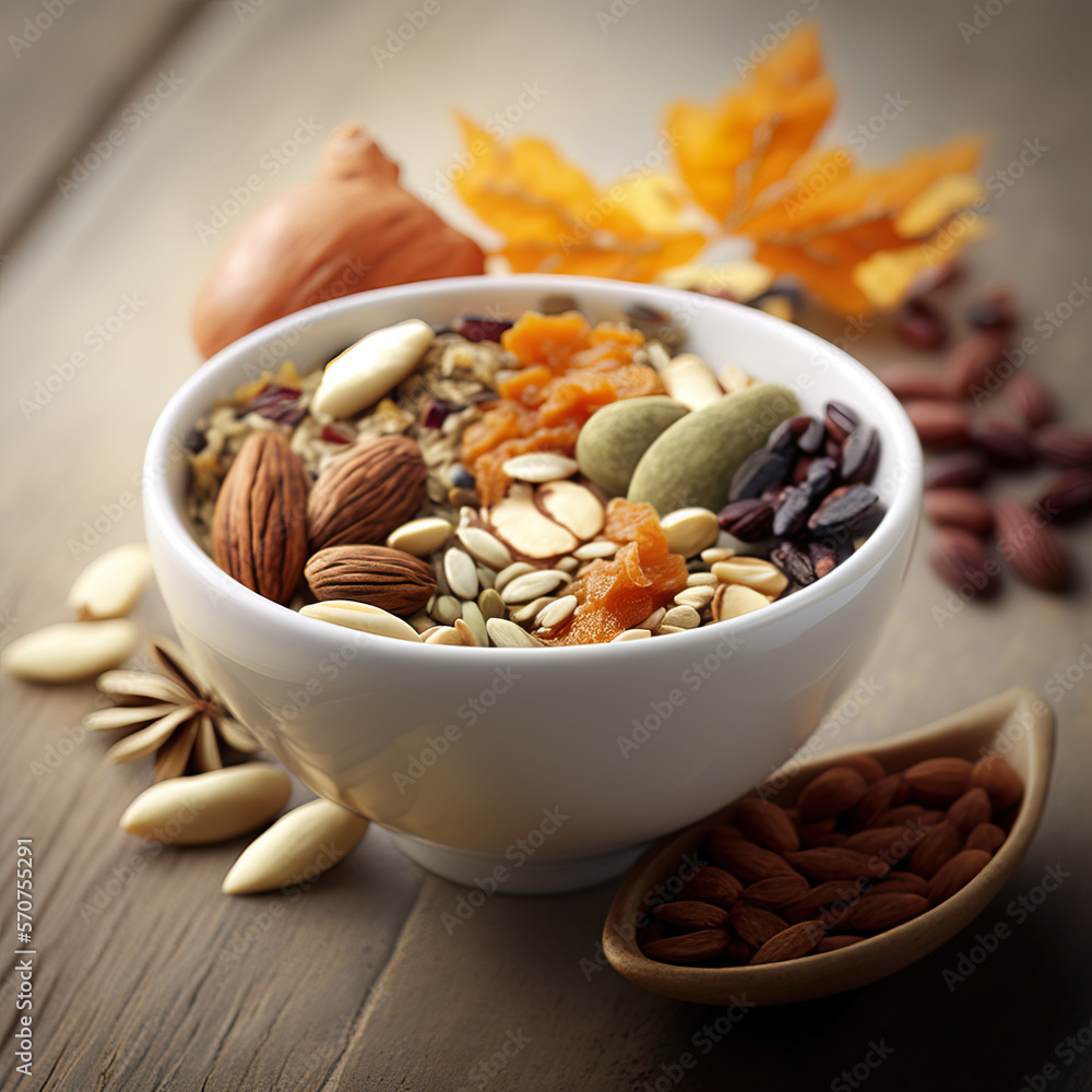 Breakfast with grains, cereal and nut seeds in a white bowl, 3D realistic organic illustration, Generative AI Technology Breakfast with grains, cereal and nut seeds in a white bowl, 3D realistic organic illustration, Generative AI Technology