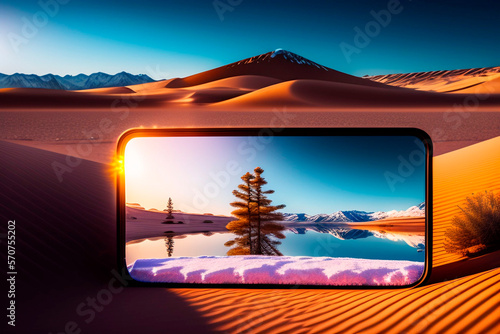 Wallpaper Mural desert landscape with an abstract screen in the middle with a winter photo and lake with snow , AI generated illustration Torontodigital.ca