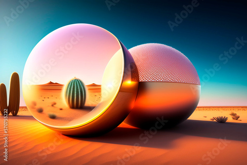 Wallpaper Mural abstract 3d spheres of golden color in the middle of the desert, sunset, 3d spheres , AI generated illustration Torontodigital.ca