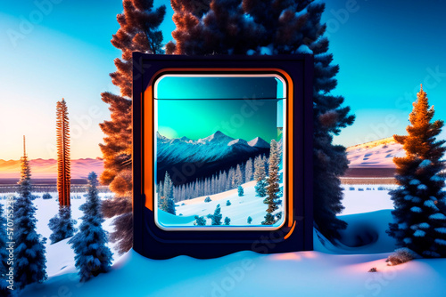 Wallpaper Mural landscape with pine trees and snow with an abstract screen in the middle and landscape, winter, sunset, AI generated illustration Torontodigital.ca
