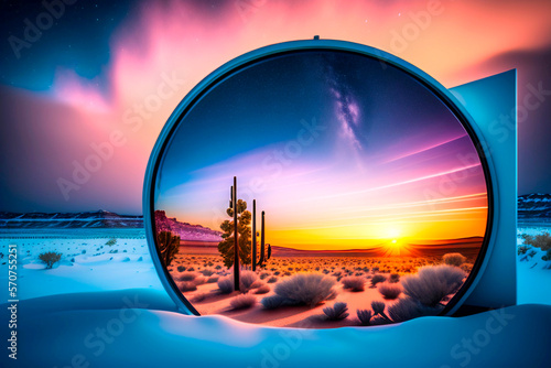 Wallpaper Mural winter and snow landscape with an abstract mirror with a reflection of the desert and sunset , AI generated illustration Torontodigital.ca