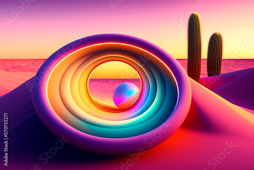 Wallpaper Mural 3d sphere and abstract rings of pastel color in the middle of the desert, sunset , AI generated illustration Torontodigital.ca
