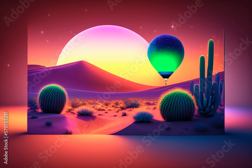 Wallpaper Mural illustration with a green hot air balloon in the desert, sunset, frame, inside a room , AI generated illustration Torontodigital.ca