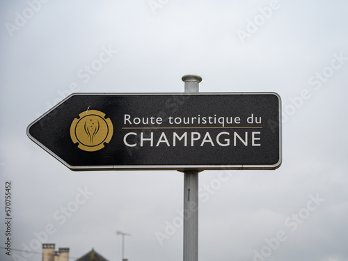 Low season in winter in Champagne sparkling wine making region near Reims, Champagne, France. Road signes and towns of destinations, Gran Cru village photo