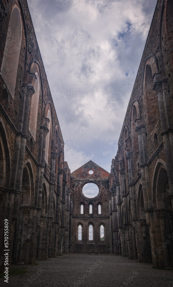 Abbey of San Galgano with collapsed roof after a lightning strike on the bell tower. October 2022 Abbey of San Galgano with collapsed roof after a lightning strike on the bell tower. October 2022