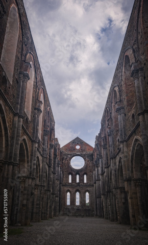Abbey of San Galgano with collapsed roof after a lightning strike on the bell tower. October 2022