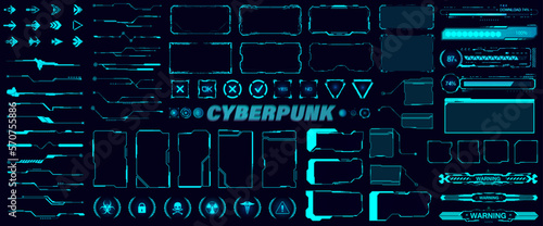 Futuristic collection HUD, UI, UX interface elements. HUD interface elements - frame screen, lines UI, button, loading bars, footnotes for text, call outs for UI, GUI. Vector collection, Sci-fi box