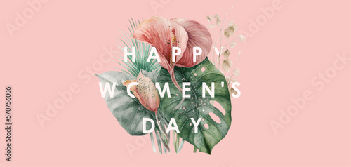 Happy women's day. Floral vector watercolor element for 8 march holiday. Drawing of flowers, plants and leaves