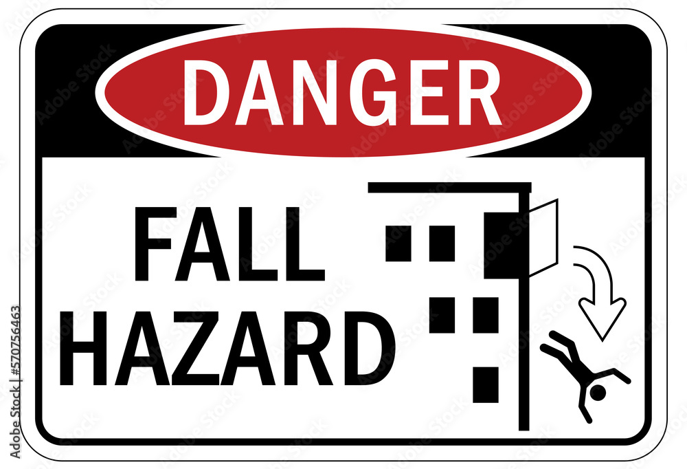 Fall hazard sign and labels