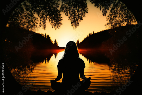 Rear view of a girl silhouette meditating in nature at sunset