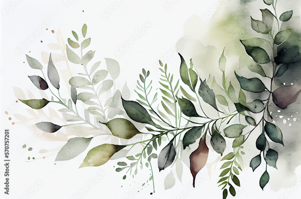 Watercolor green leaves on a white background