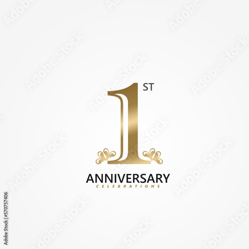 1st Anniversary logotype golden design, Fisrt years Celebrating Anniversary.  Vector illustration 