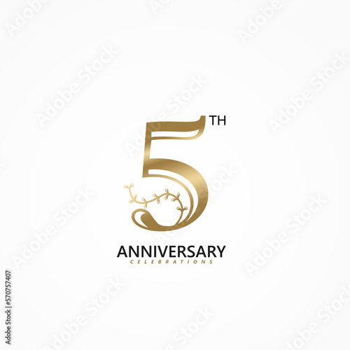 5th Anniversary logotype golden design, Five years Celebrating Anniversary. Vector illustration 