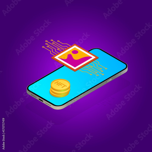 NFT. Non-fungible token. Crypto art. NFT art. Online gallery nft. Crypto art gallery. NFT coins. Investment in nft. Vector isometric illustration.