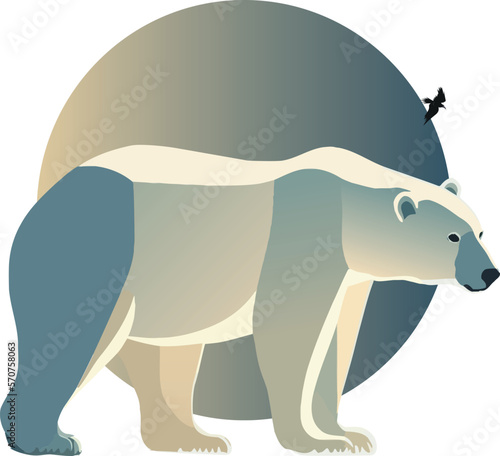 The white bear walks through the snow. The glacier, snow-covered plains. Starry night in the North. Landscapes of the Arctic. Vector illustration