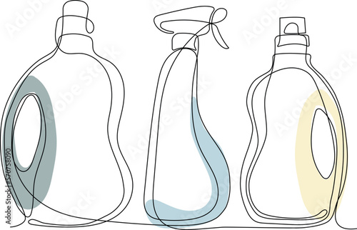 Continuous one line drawing of bottles for liquid laundry detergent, bleach, fabric softener, dishwashing liquid or another cleaning agent. Easy to place your text and brand logo. Vector illustration