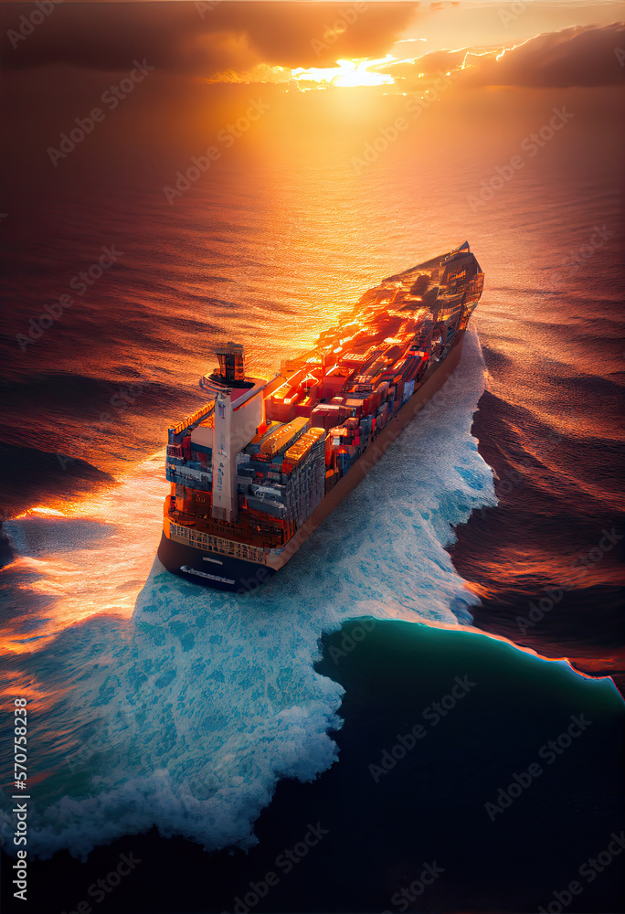 Aerial perspective of a large container ship on the sea in the sunset ...