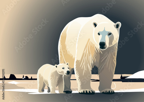 The white bear and her cub bear walks through the snow. Mother and child. The glacier, snow-covered plains. Starry night in the North. Landscapes of the Arctic. Vector illustration