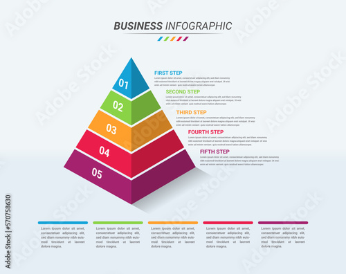 3D Pyramidal Infographic Design Template and Business Icon with Five Steps. Pyramidal Isometric Infographic with 5 Options for Presentations, Finance, and Business Reports.