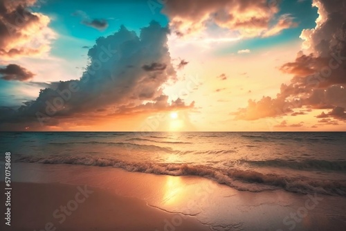 Sunset Beach Background. Generative AI © Scrudje