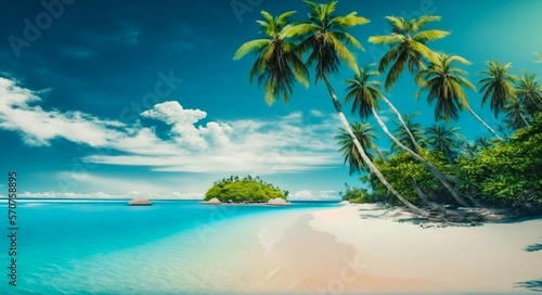 Tropical island beach with palms. Generative AI © Scrudje