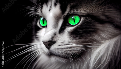 Tier Color-Key-Effekt: Schwarz-weiß Foto von einer Katze mit grünen Augen - Generative Ai