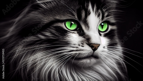 Tier Color-Key-Effekt: Schwarz-weiß Foto von einer Katze mit grünen Augen - Generative Ai