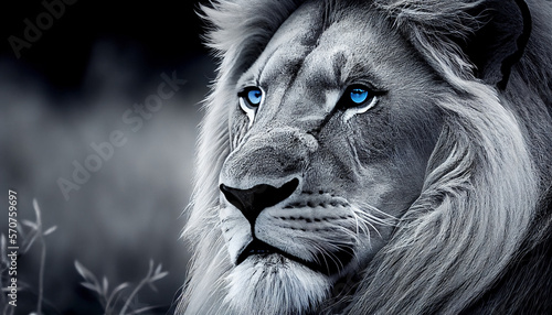 Tier Color-Key-Effekt: Schwarz-weiß Foto von einem Löwen mit blauen Augen - Generative Ai photo