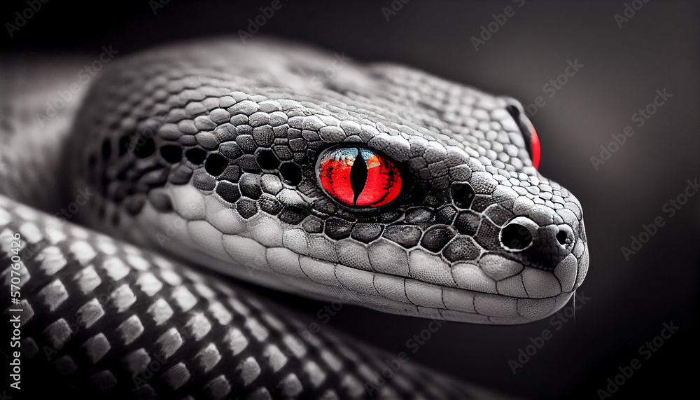 Fototapeta premium Tier Color-Key-Effekt: Schwarz-weiß Foto von einer Schlange mit roten Augen - Generative Ai