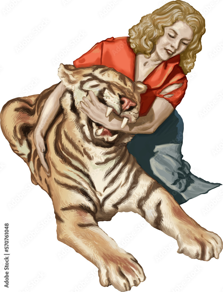 Fototapeta premium The friendship between tiger and woman wild striped animal 