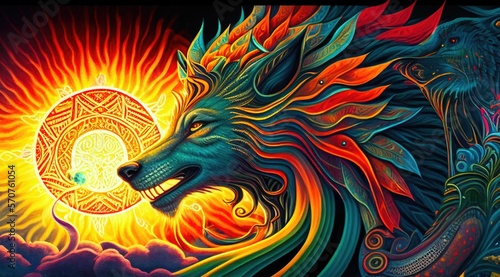 Celestial wolf, vision, protector, spirit, tribal style, imaginary creature, Sun and clouds on background, AI Generative banner © Friedbert