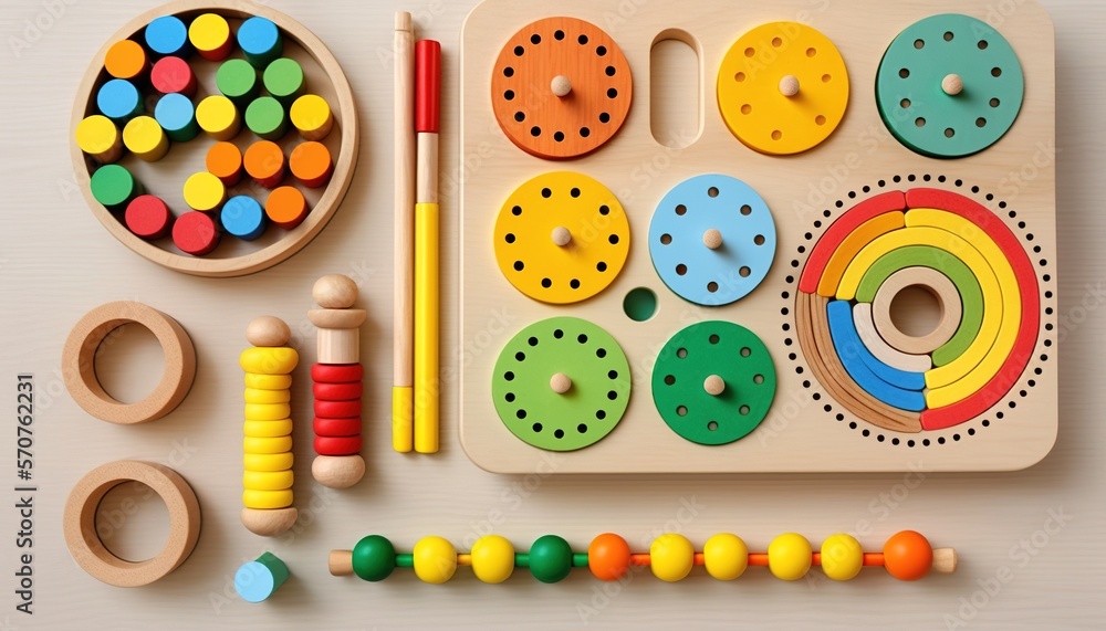 Toddler activity for motor and sensory development. Baby hands with different colorful wooden toys on table top view. - obrazy, fototapety, plakaty 