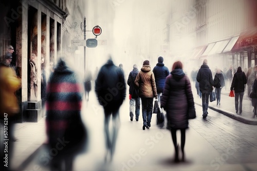 people walking in the street, blurry, Motion blurred busy street, rua movimentada cheia de gente GENERATIVE AI