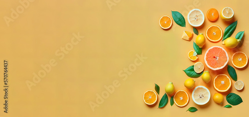 Citruses fruits on Illuminating pantone colored background with copyspace, Generative Ai