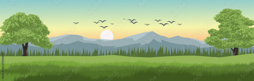 Obraz premium Vector morning landscape illustration with birds