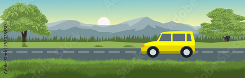 Vector landscape illustration with a car on the road
