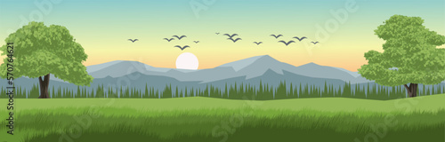 Vector morning landscape illustration with birds