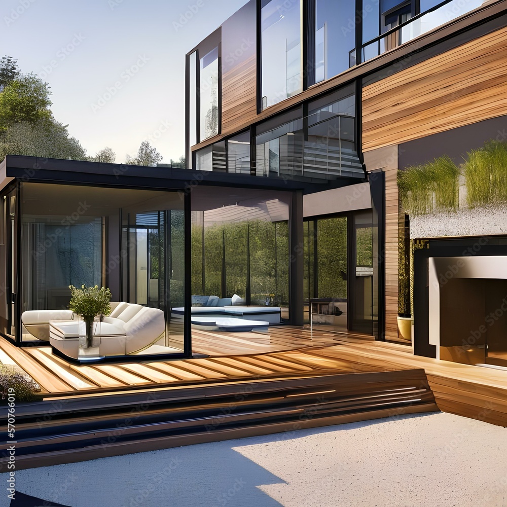Modern glass and steel home with rooftop deck2, Generative AI Modern glass and steel home with rooftop deck2, Generative AI