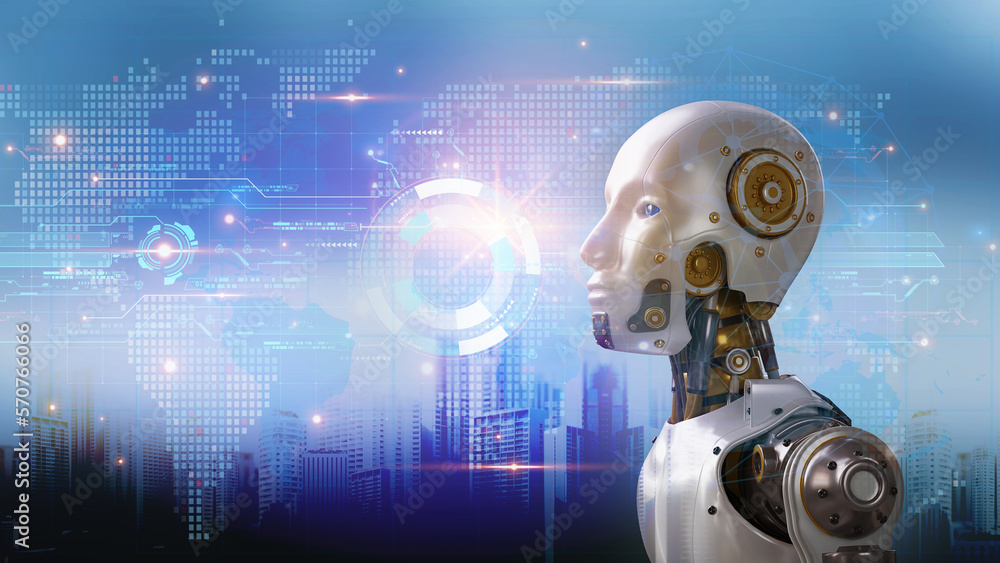 Artificial intelligence AI robot with holographic futuristic technology background, building city background. Ai futuristic future digital technology AI artificial intelligence automated. 3d render Artificial intelligence AI robot with holographic futuristic technology background, building city background. Ai futuristic future digital technology AI artificial intelligence automated. 3d render