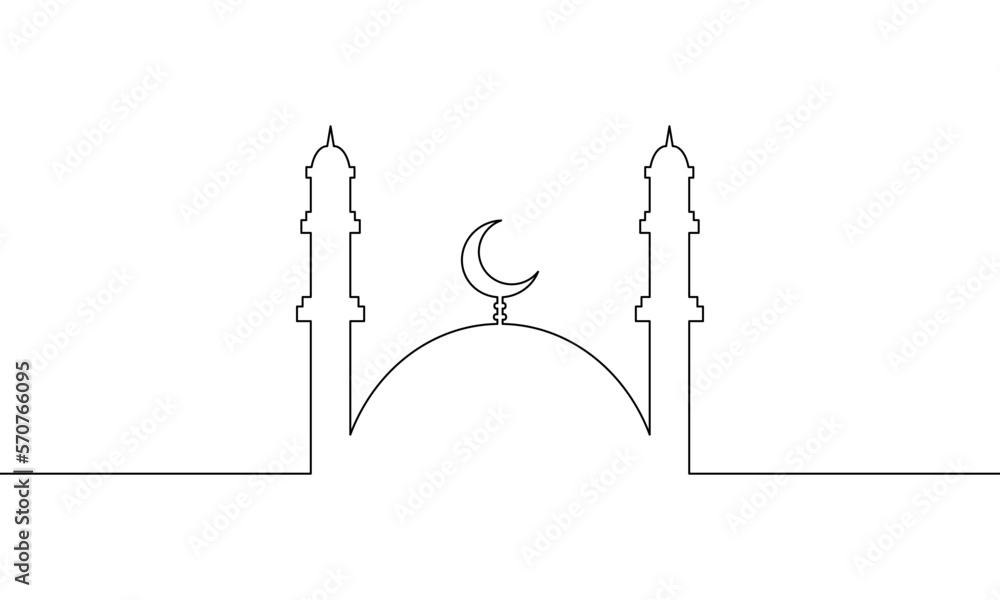 Continuous line drawing of ramadan mosque. Ramadan kareem greeting card. Eid mubarak poster and banner. Object one line, single line art, vector illustration