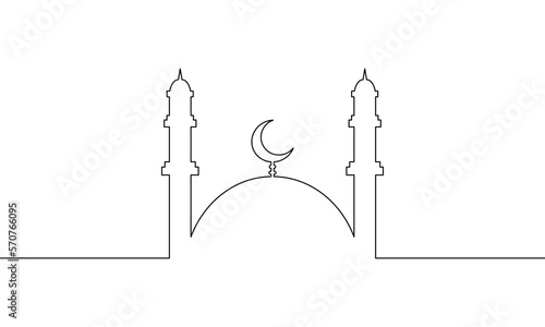 Continuous line drawing of ramadan mosque. Ramadan kareem greeting card. Eid mubarak poster and banner. Object one line, single line art, vector illustration